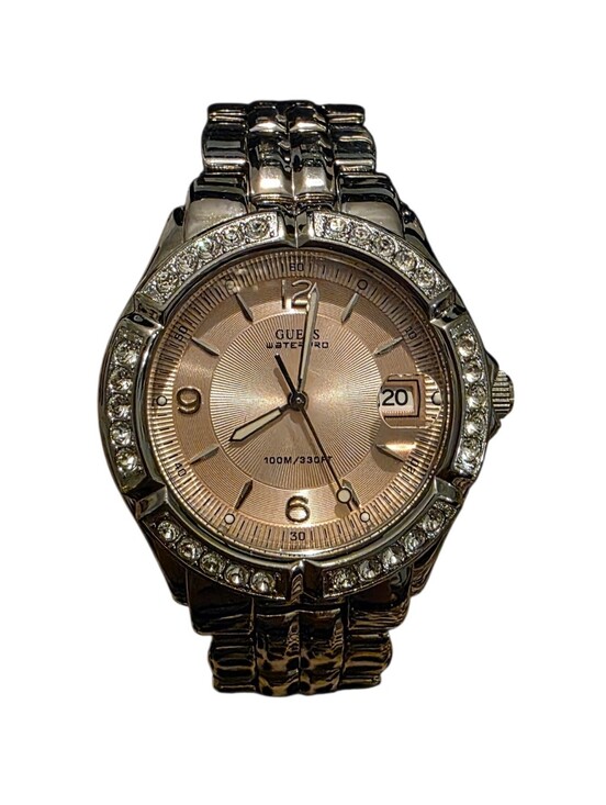 Guess Accessories - GUESS Silver Bracelet Watch with Pink Dial and Crystal Bezel - Vintage